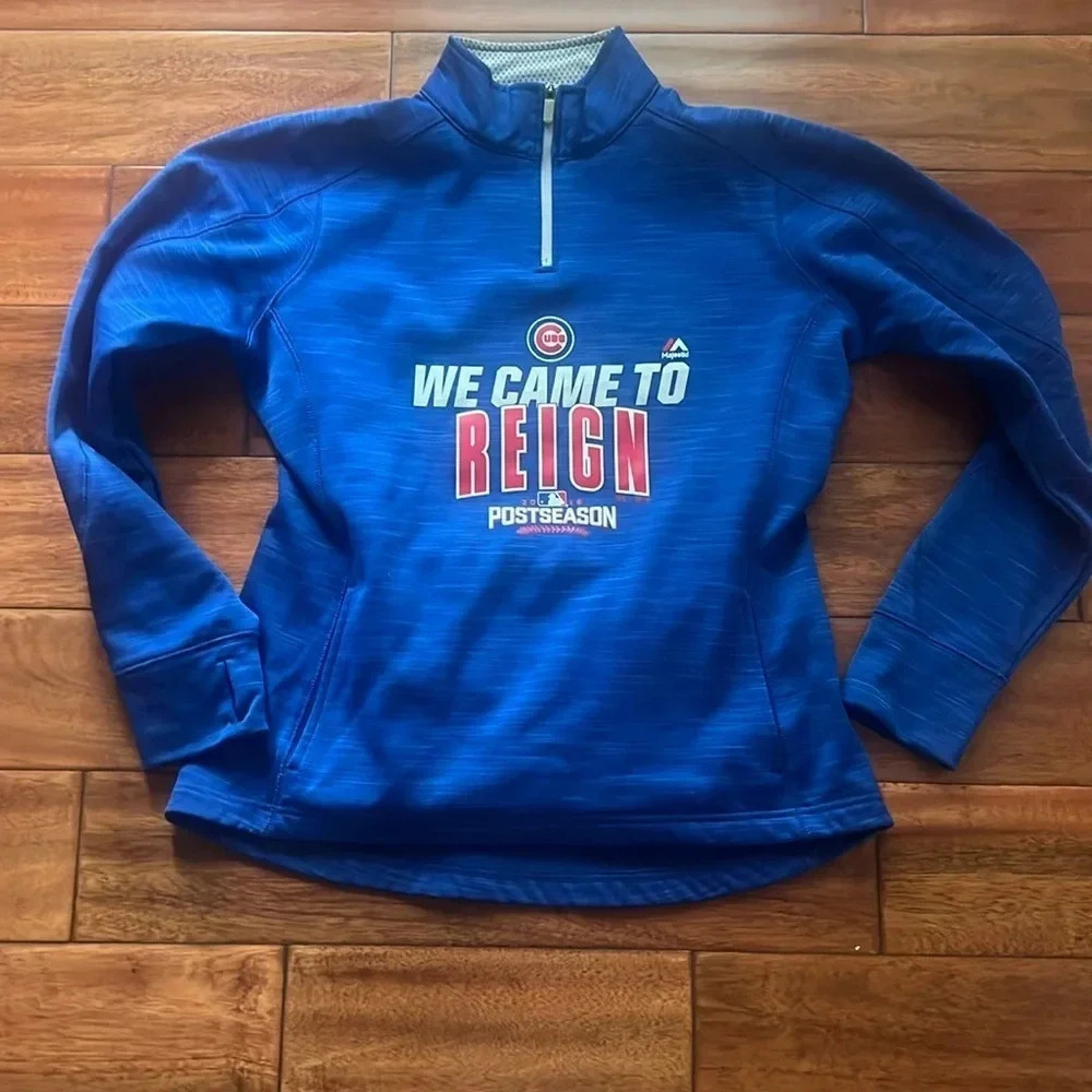 Majestic brand Chicago Cubs we came to rain 2016 postseason 3/4 zip size medium